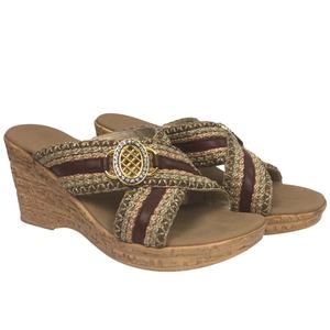 Onex Women's Woven Cross Bands Rhinestone Open Toe Cork Wedge Slip On Sandal 9